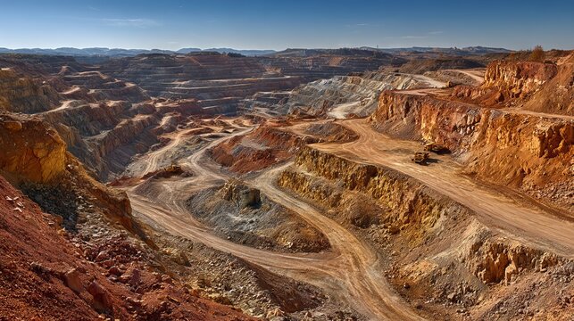 56.Detailed landscape of opencast mining site with rugged terraced cliffs, golden and reddish rock faces, traces of excavation machinery, steep slopes and switchback tracks, bright sun and clear