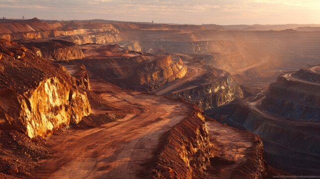 57.Sunset view over large open pit gold mine, Kalgoorlie region, glowing orange light illuminating layered rock formations, deep shadows enhancing contours of terraced benches, faint dust clouds