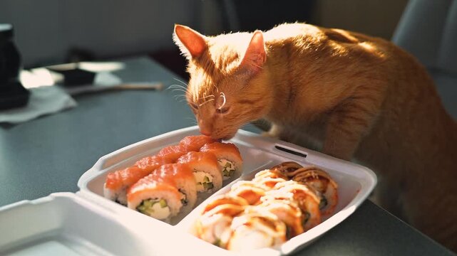 A cunning ginger cat leans over a tray of seafood sitting on the table. The animal sniffs the food and eats sushi rolls in the home kitchen.