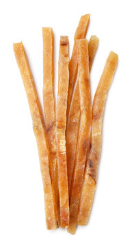 Dried fish strips isolated on a white. Top view