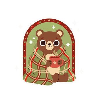 Christmas bear sticker, cozy bear cub wrapped in plaid blanket holding a hot drink, warm winter comfort emotion, decorative arch frame, vector illustration