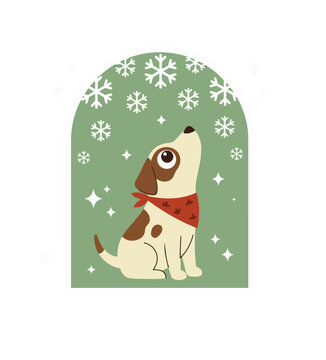 Christmas dog sticker, curious puppy with red bandana looking up at falling snowflakes, wonder and awe holiday emotion, arch frame, vector illustration
