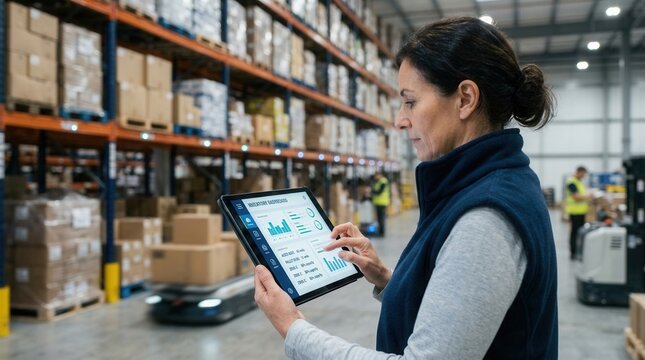 Warehouse manager uses tablet for inventory control, monitoring automated robot and workers in logistics center