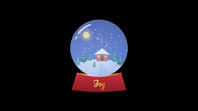 Animated snow globe with winter cabin on transparent background