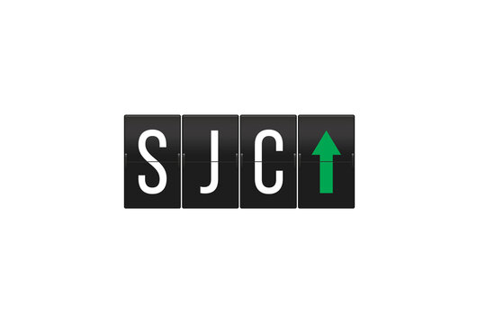 SJC airport code appearing on a mechanical split-flap display board with a green upward arrow, representing travel, departure, and directions, on a transparent background