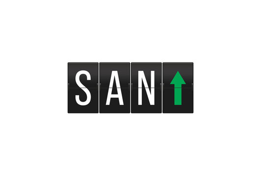 SAN text showing on a retro split-flap display board with a green upward arrow, symbolizing departures and travel from a Western USA destination, presented on a transparent background