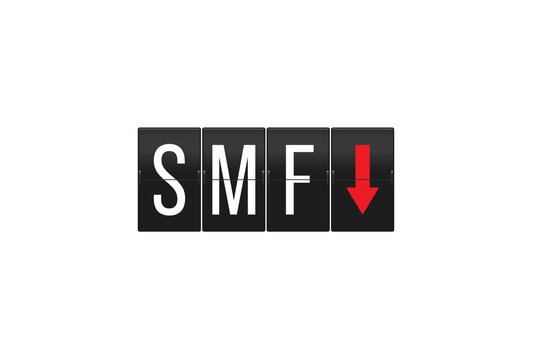 Airport flip board displaying the SMF code for Sacramento with a red down arrow indicating arrivals, representing travel and transportation concepts on a transparent background