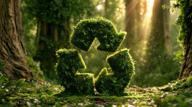 Recycling symbol formed from foliage stands in a sun dappled forest scene