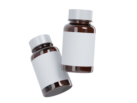 Medicine bottle mockup with an amber glass container, blank white label and white caps, isolated on a background. Ideal for pharmaceutical packaging, healthcare branding, ads, and product design.