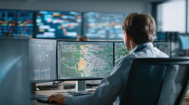 Engineer reviewing flight data on multiple monitors with cloud storage graphics showcasing the redundancy and reliability of modern data storage systems.