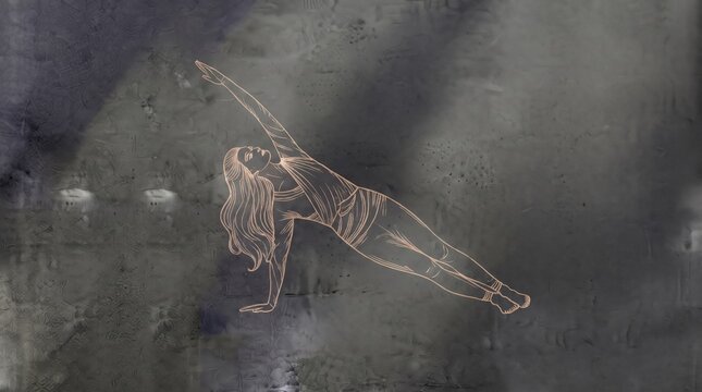 Yoga background of a woman practicing side plank pose against a dark textured wall background for wellness and meditation