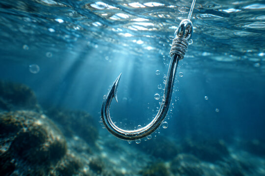 Close-up of a metallic fish hook submerged in clear blue water.