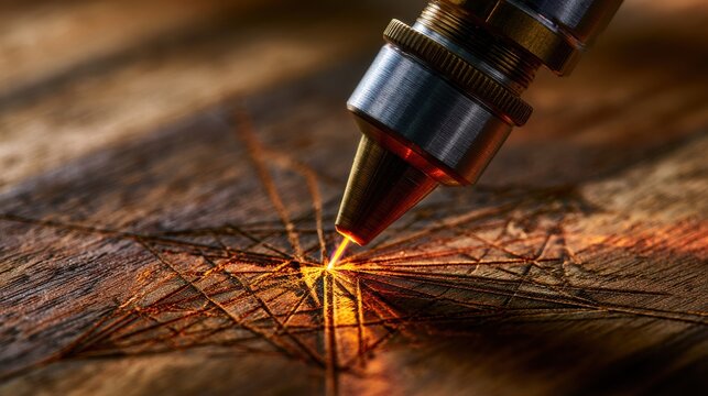 Laser engraver head etching a geometric pattern onto a wooden surface