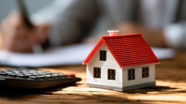 Miniature white house model with red roof sits near a calculator and paperwork