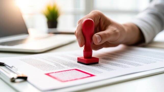 Hand holding a red rubber stamp pressing onto a document with a laptop nearby