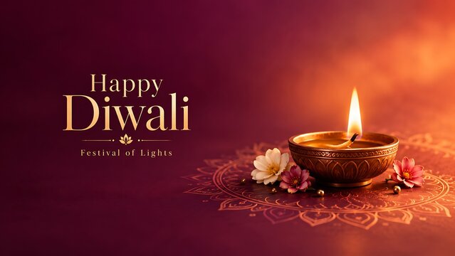 Happy diwali text greeting card template with illuminated clay diya lamp and lotus floral pattern background
