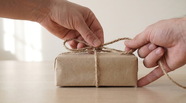 Rustic craft paper gift box wrapped with twine ribbon, hands tying a natural jute string bow on handmade package, holiday gift wrapping background