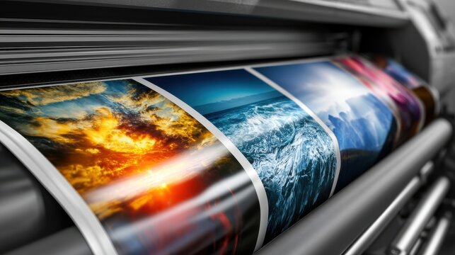 Large format printer with printed images of landscapes and sunsets in production