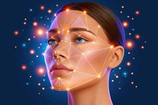 Woman face with glowing geometric wireframe overlay, digital points and lines mapping facial features against dark blue background with bokeh lights