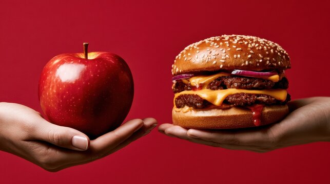 Hands presenting a red apple and a double cheeseburger against a red backdrop