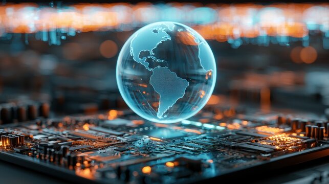 Glowing earth globe hovers above a complex circuit board digital rendering