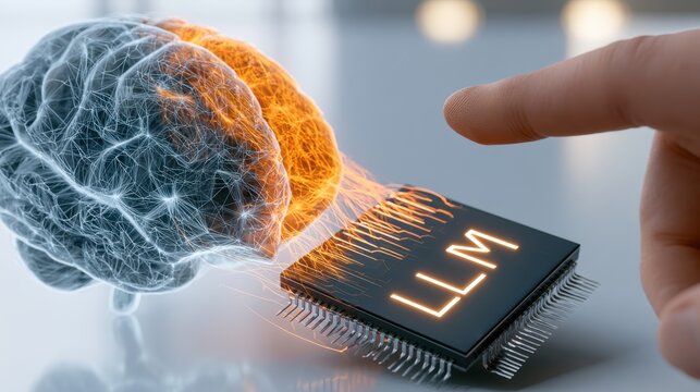 Human brain and large language model chip futuristic 3d rendering