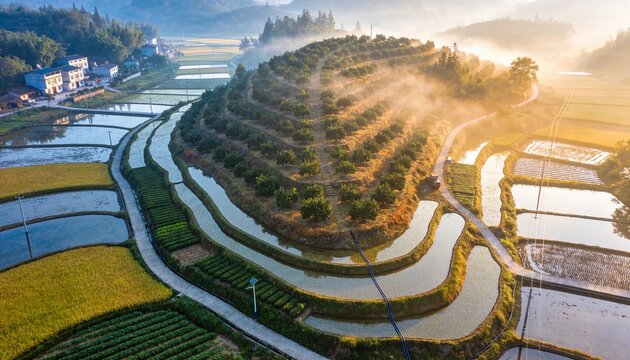 Showing central tiered hill with orchard trees climbing misty rural valley with flooded paddies