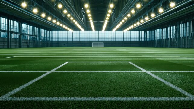Vast indoor soccer field with marked lines and bright overhead lighting