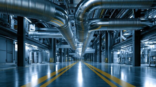 Industrial piping and ductwork fills a spacious factory hall with yellow floor markings