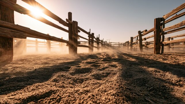 Wooden corral fence stretches into a sun drenched landscape with dusty ground