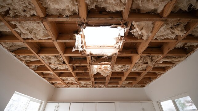 Damaged ceiling joists and insulation during kitchen renovation low angle view