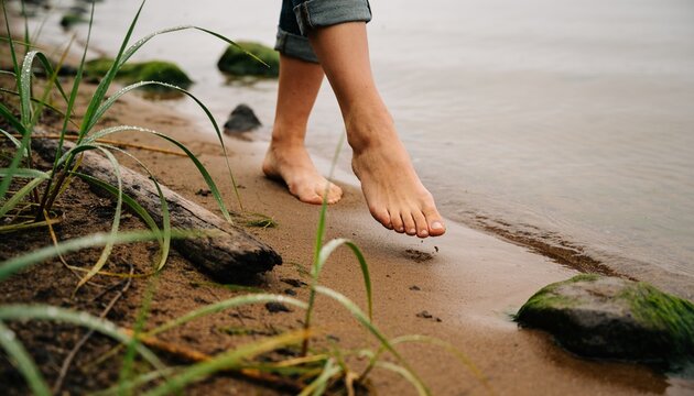 Walking lower legs and bare feet balancing on toes along sandy shoreline, showing rolled-up jeans