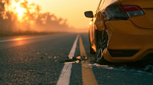 Damaged yellow car rear end with shattered glass on asphalt road at sunset