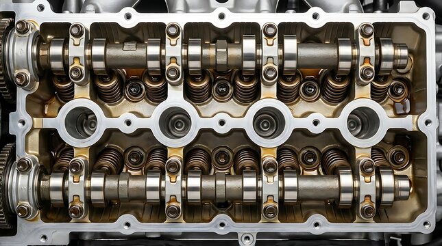 Industrial machinery detail showing metal automotive engine parts and assembly