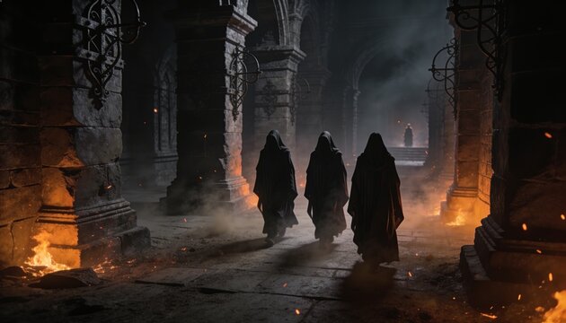 Walking three hooded robed figures moving down vaulted corridor, with carved columns and embers
