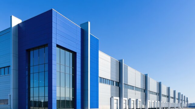 Modern industrial warehouse exterior with blue and gray facade under a clear sky