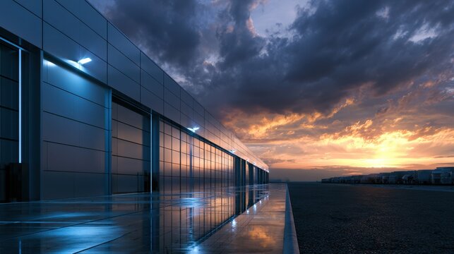Modern industrial building facade reflects a dramatic sunset sky with stormy clouds