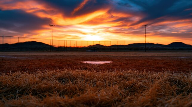 Empty baseball field at sunset with dramatic orange and purple sky