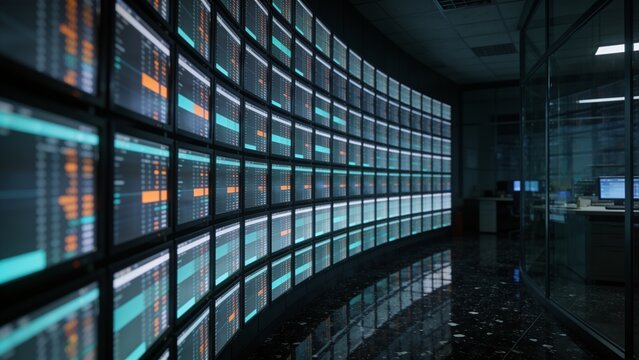 Dominating curved multi-panel display wall showing tabular data in control room with desks