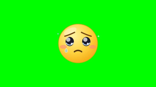 Sad crying emoji faces floating on a green screen background