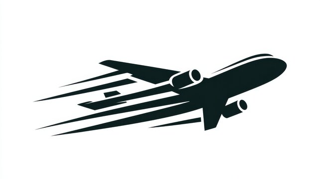 minimal vector icon of airplane side view, stylized wings and jet engines, used for travel agency or aviation branding