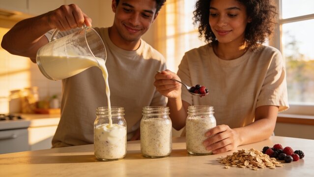 Preparing couple wearing beige shirts adding milk and berries to mason jars in home kitchen