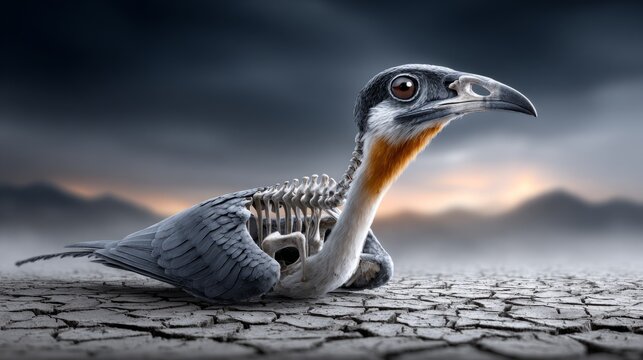 A skeletal bird lies on the cracked earth, under a dark sky at sunset, showcasing a strange mix of life and death