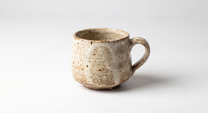 Speckled beige ceramic coffee mug with handle isolated on white background