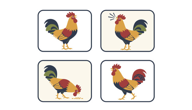 Rooster behavior stages sequence showing crowing, walking, standing alert, and pecking grains from ground.