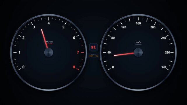 Modern Digital Car Dashboard Gauge Display Showing Accelerating Speedometer and Tachometer RPM Needles