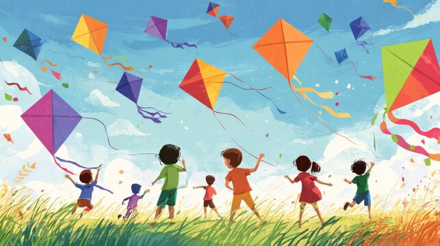 festive children s activity scene with rainbow-colored kites in various geometric patterns gliding through air