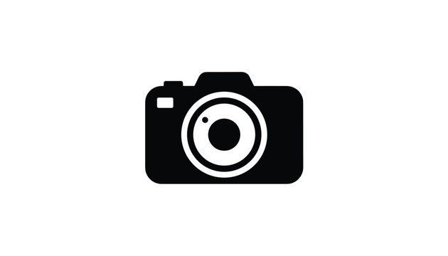 Classic digital camera silhouette icon with optical lens, shutter button, and viewfinder on white backdrop.