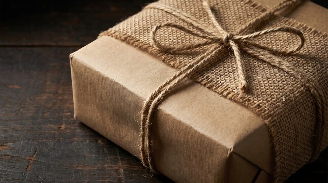 Rustic wrapped present parcel with burlap ribbon and twine bow, craft paper gift box on dark vintage wooden background, holiday concept