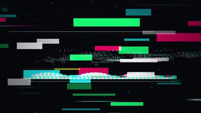 Procedural analog video signal glitch animation featuring chromatic RGB splits, horizontal block distortion, and neon red accents on black background. Ideal for sci-fi intros, stream overlays, HUD vis